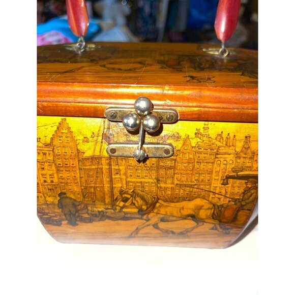 VTG Anton Pieck Wood Landscape Octagon Decoupage Purse Bag Lucite‎ Handle Art - Picture 2 of 6